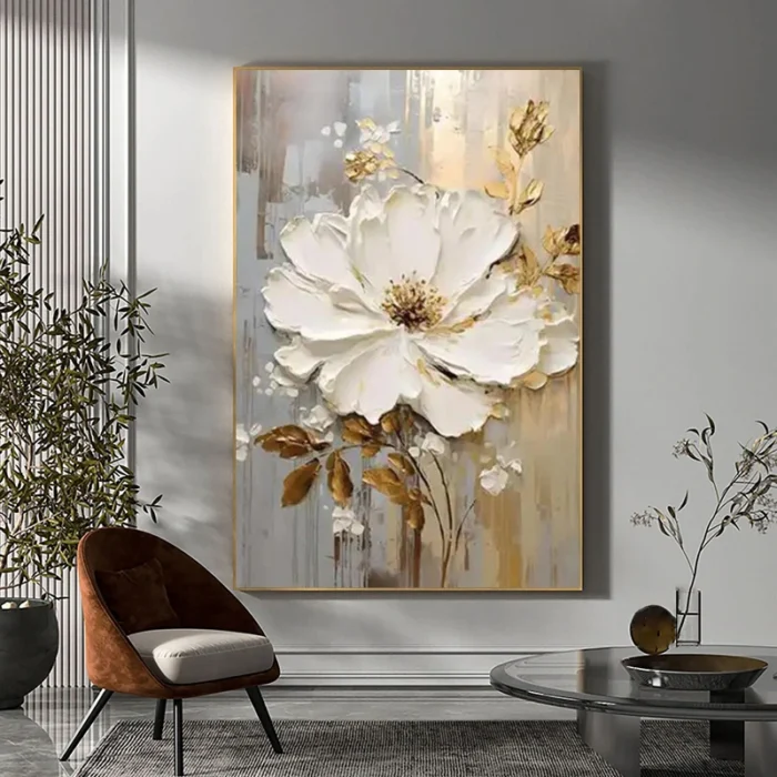 White Gold Flower Painting Thick Oil - Image 2