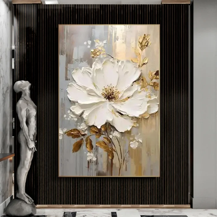 White Gold Flower Painting Thick Oil - Image 5