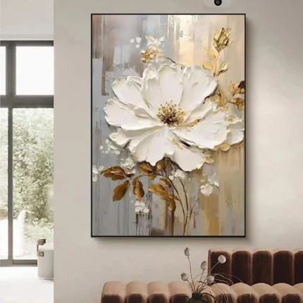 White Gold Flower Painting Thick Oil