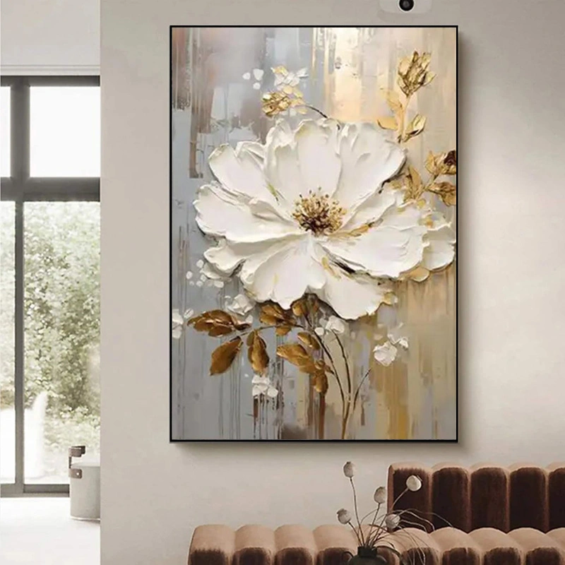 White Gold Flower Painting Thick Oil