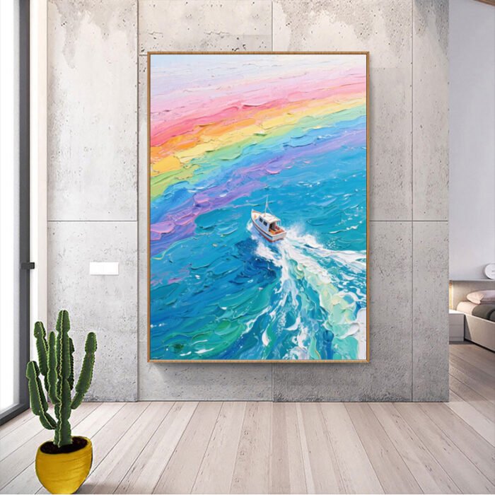 Original Colorful Seascape Boat Painting - Image 3
