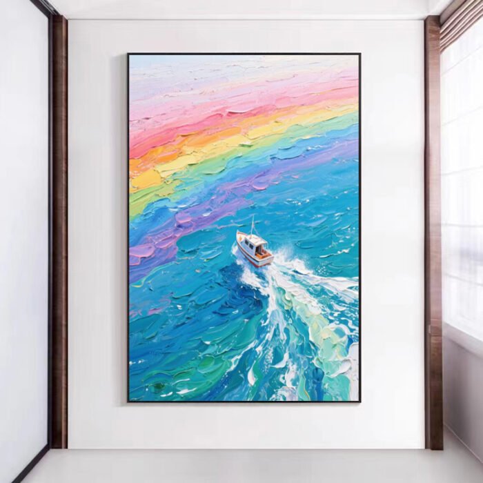 Original Colorful Seascape Boat Painting - Image 1
