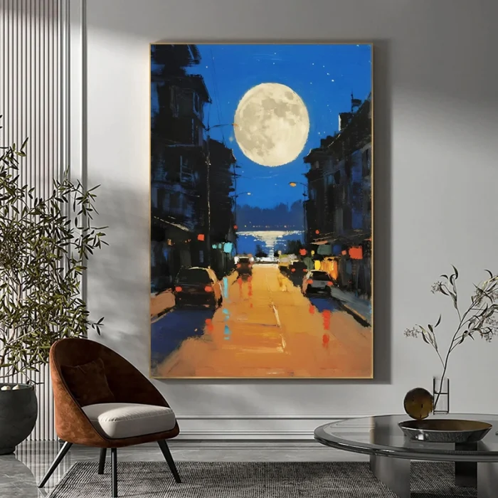 Texture Night Street Scene Canvas Painting - Image 1