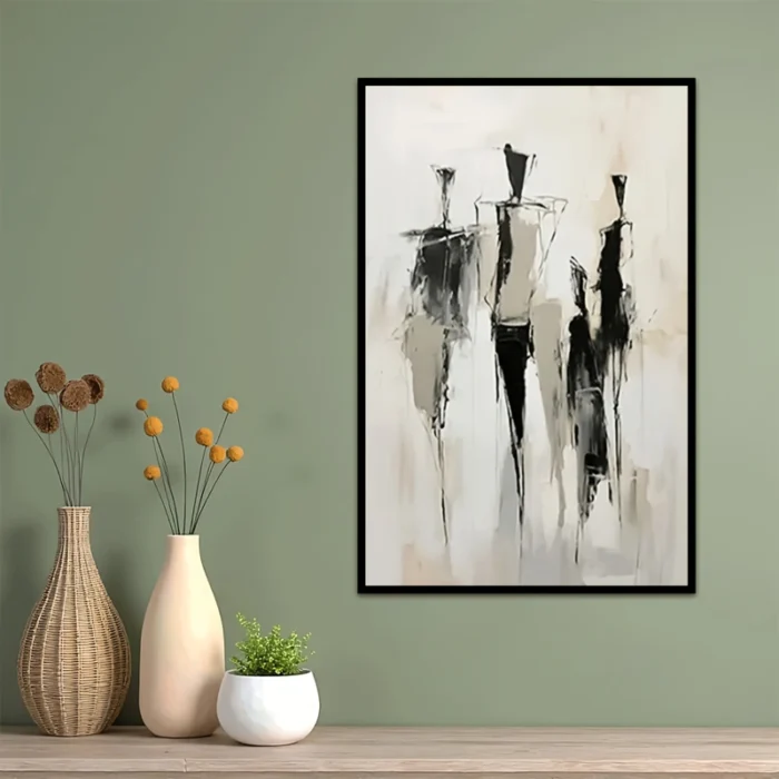 Hand-Painted Black & White Figures Painting - Image 5
