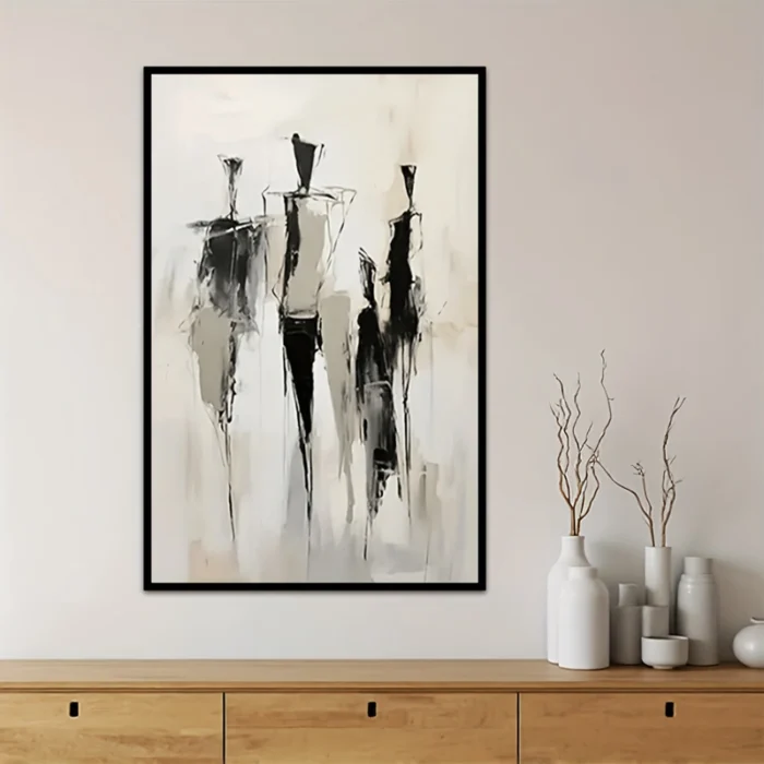 Hand-Painted Black & White Figures Painting - Image 3