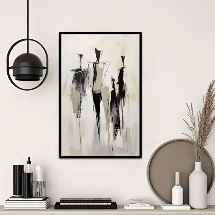 Hand-Painted Black & White Figures Painting - Image 1