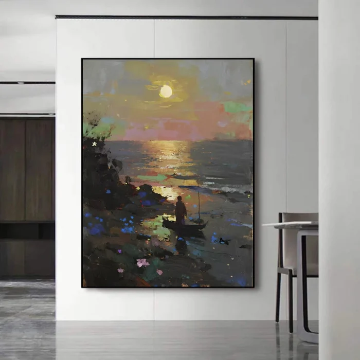 Lonely Boat At Night Oil Painting - Image 5