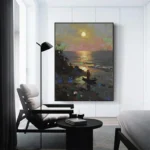 Lonely Boat At Night Oil Painting - Image 3