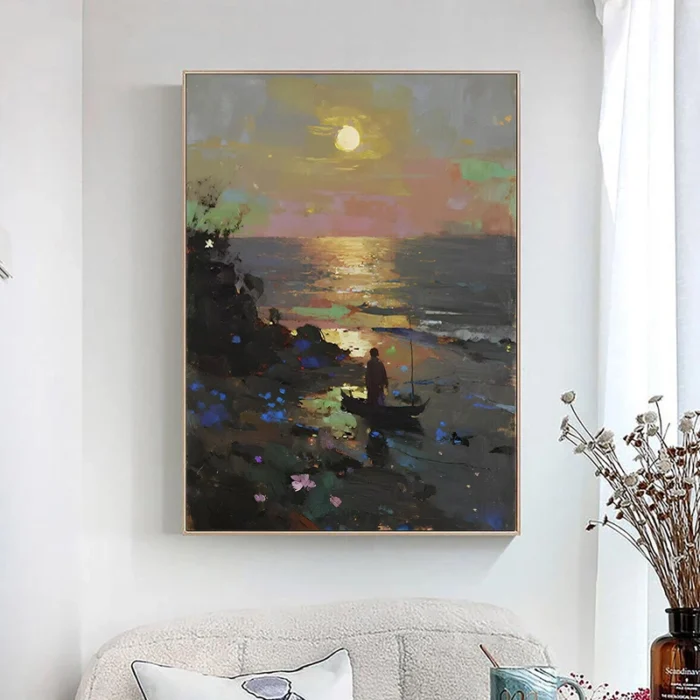 Lonely Boat At Night Oil Painting - Image 2